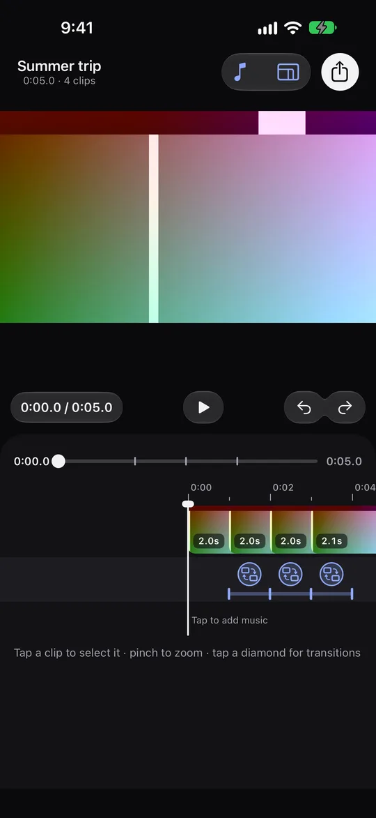 The FauxCut editor: a video preview on top, a timeline of clips with transition markers below.