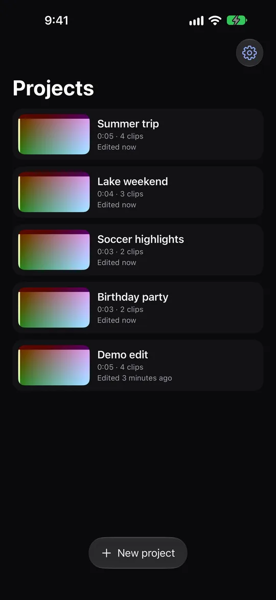 The FauxCut Projects screen, listing joined videos.