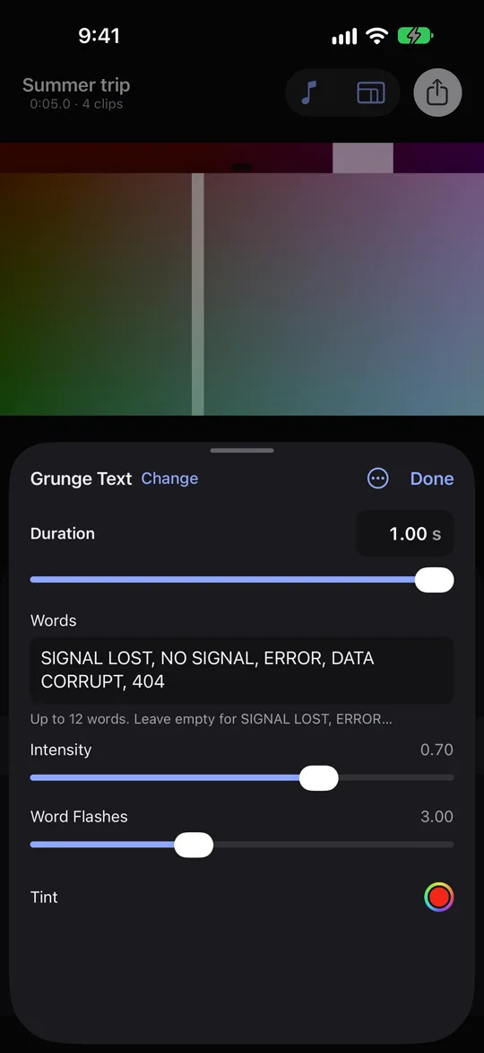 Adjusting a transition: duration, direction and settings.